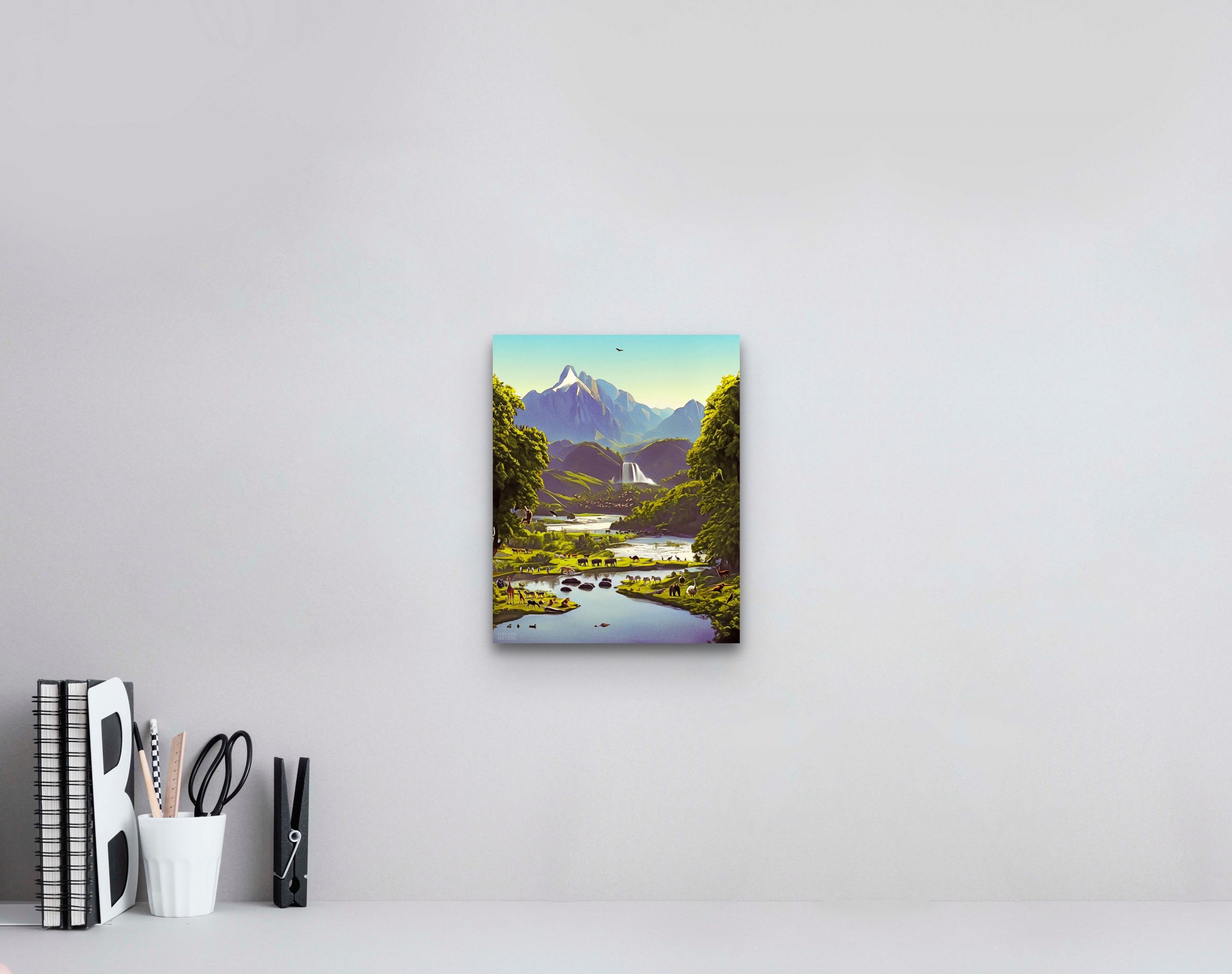 An artwork measuring 8 W x 10 H x 0.1 D inches displayed in a small interior setting. The colourful piece adds a touch of creativity and vibrancy to the interior, enhancing the overall aesthetic appeal.