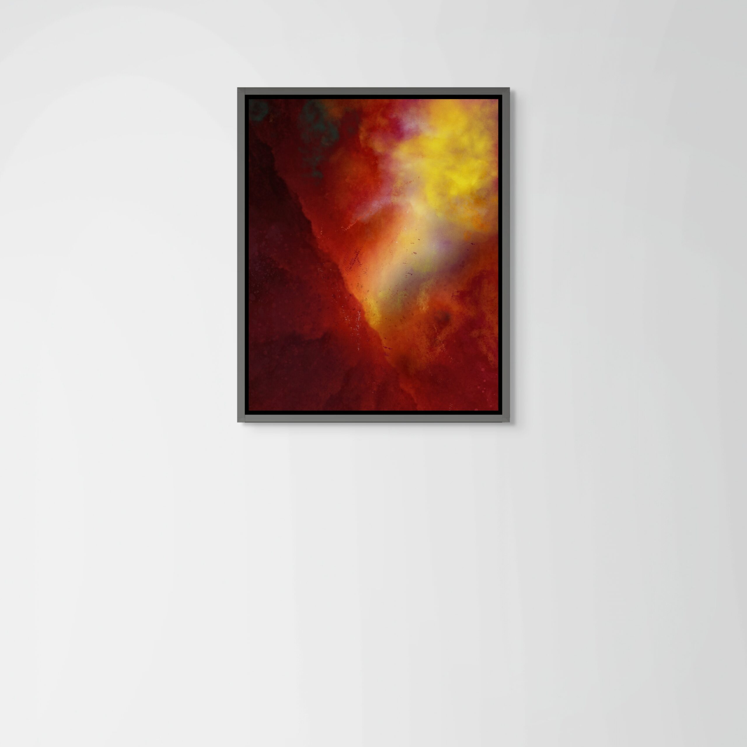 Igneous Planes digital artwork by Denis Leclerc displayed in a black frame on a white wall.