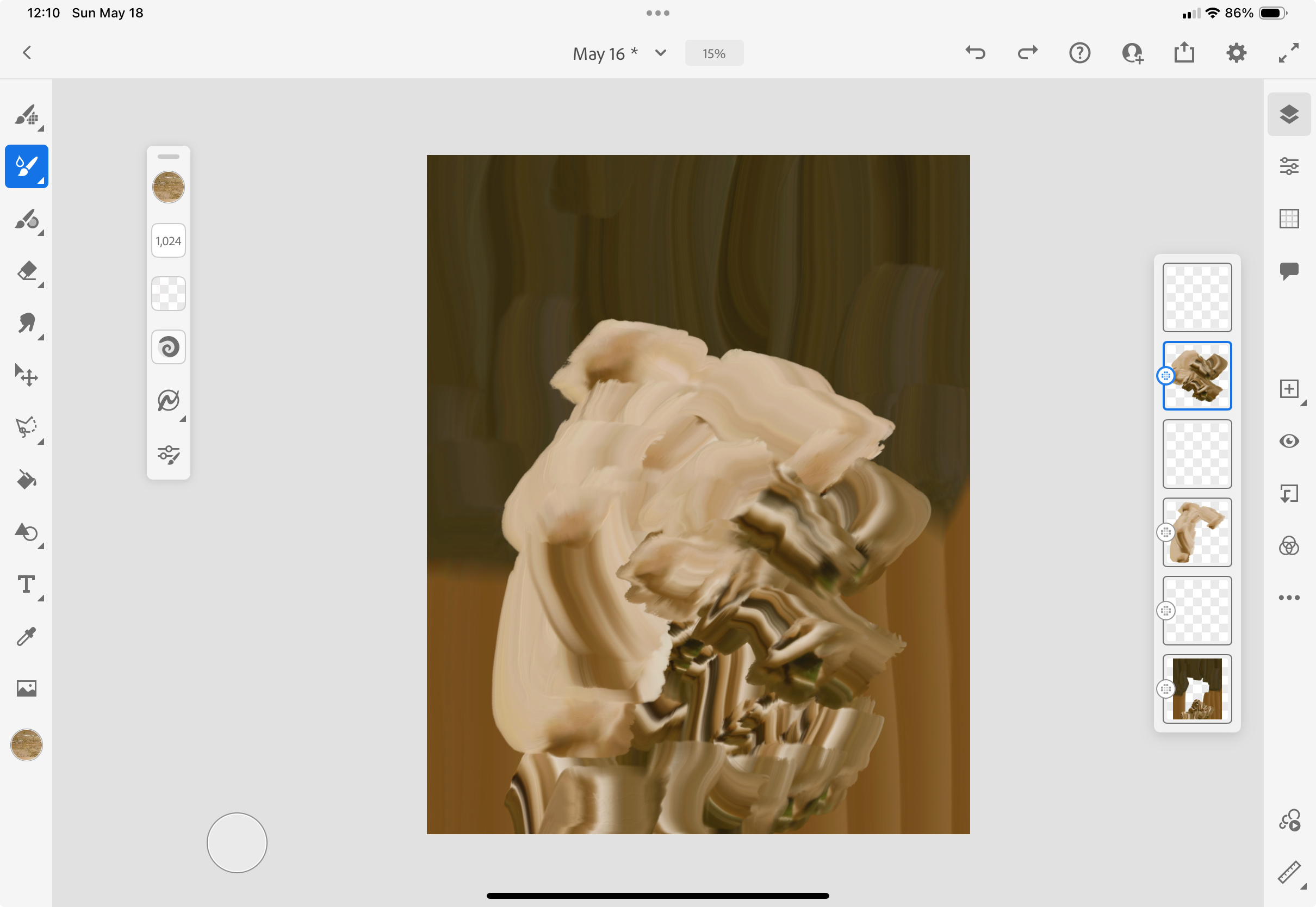 Digital Fragment in Progress – iPad View Work in progress from the Digital Fragments series by Denis Leclerc, showing abstract brushstrokes on iPad in warm tones