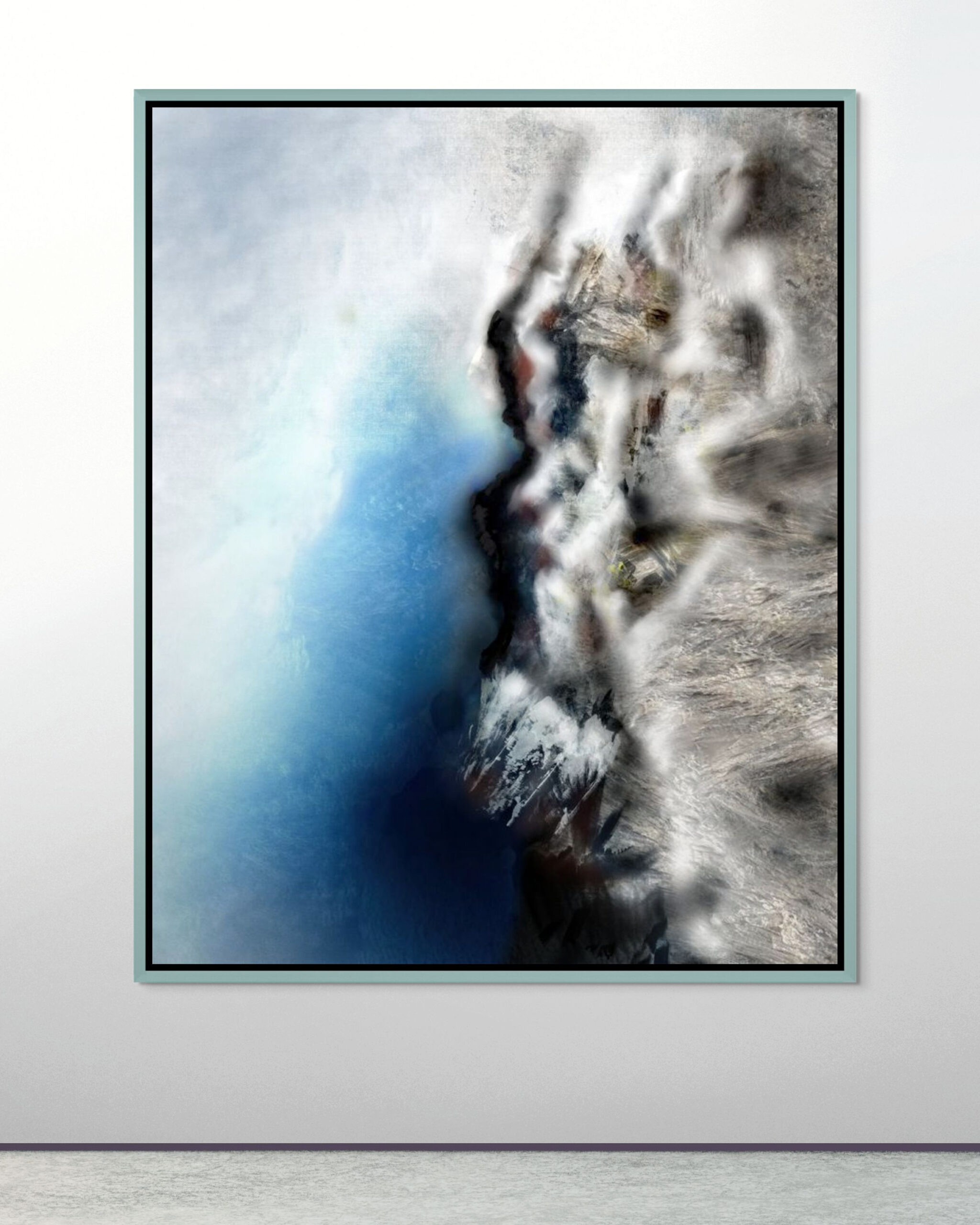 framed digital artwork Leucosia displayed on a gallery wall, soft light, contemporary interior