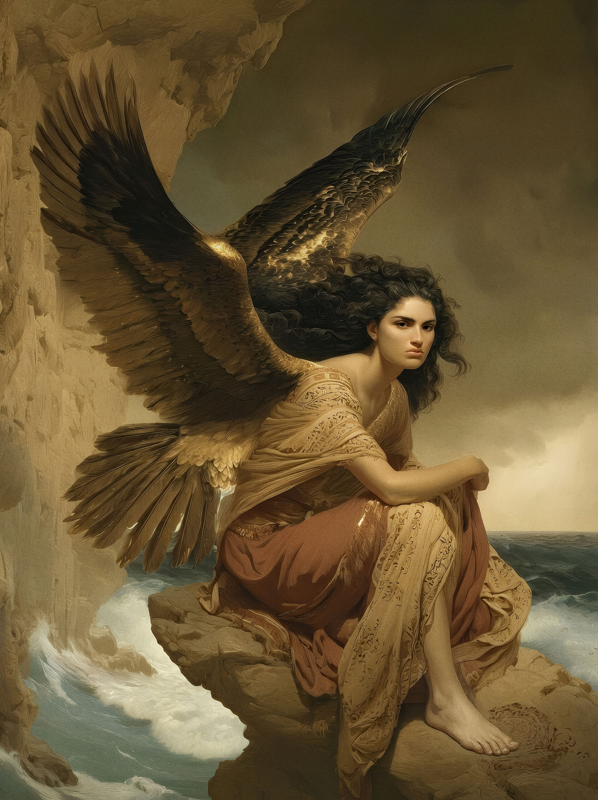 Ligea seated on a rock inside a sea cave, large dark wings with gold markings folded around her.