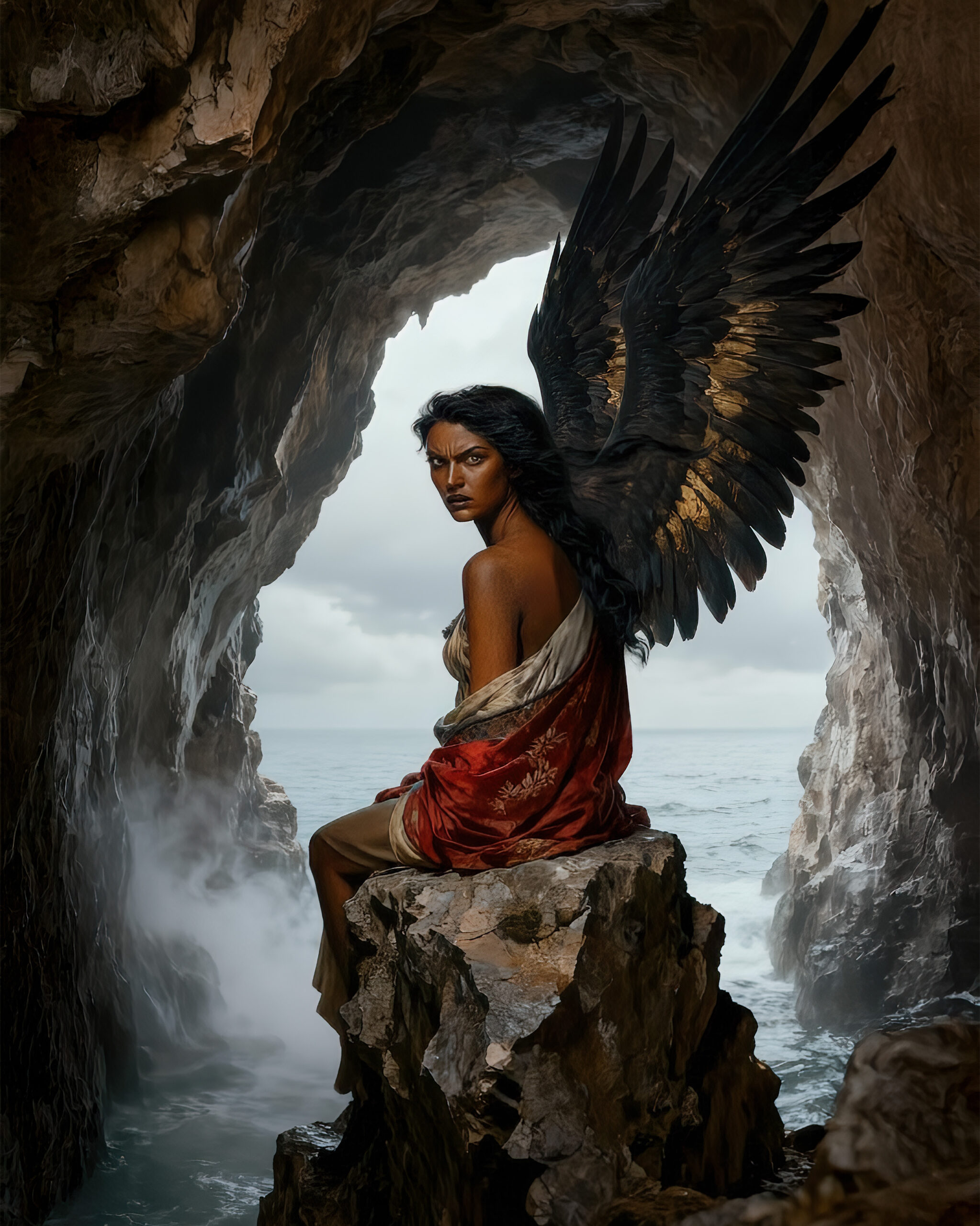Ligea seated on a rock inside a sea cave with large black wings marked with gold, watching intensely toward the viewer