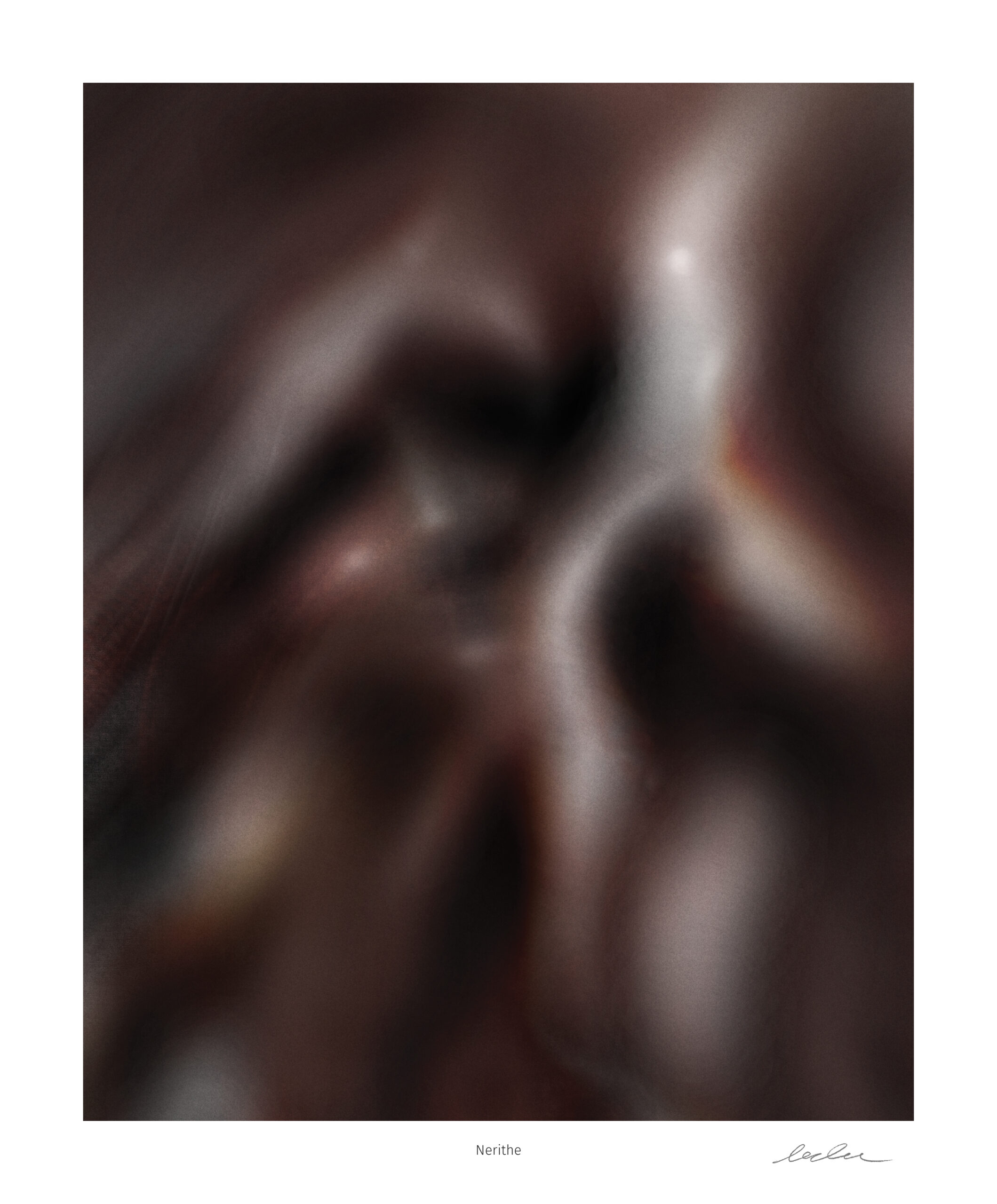 Nerithe abstract digital art print by Denis Leclerc, soft blurred organic forms emerging through layered glazes in dark brown and mineral tones, presented with white border and signature