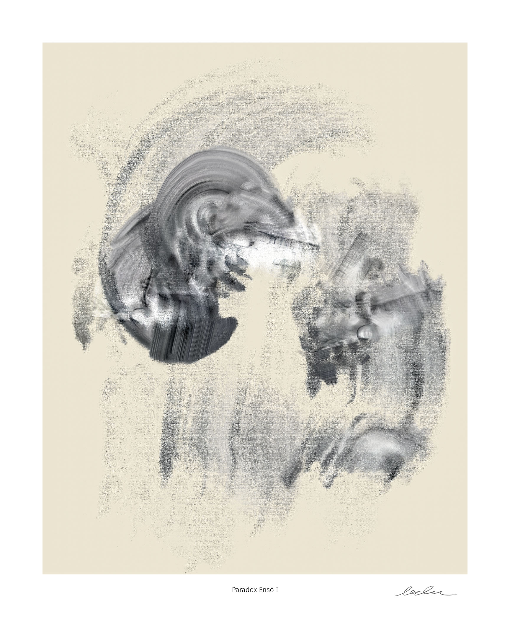 Paradox Ensō I limited edition giclée print by Denis Leclerc on fine art paper, abstract calligraphic composition with suspended circular gesture