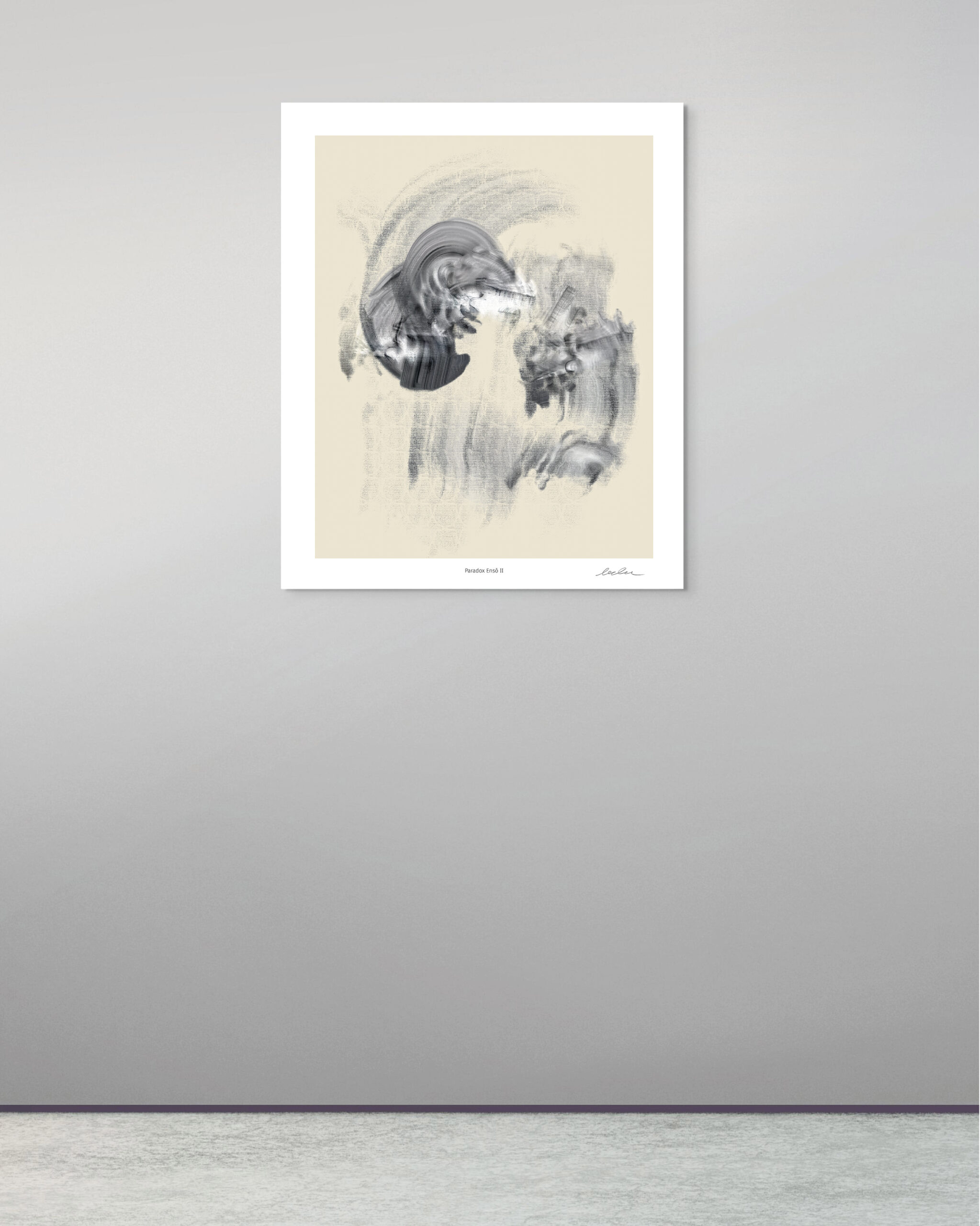 Paradox Ensō I by Denis Leclerc displayed in interior space, abstract calligraphic artwork with suspended circular gesture