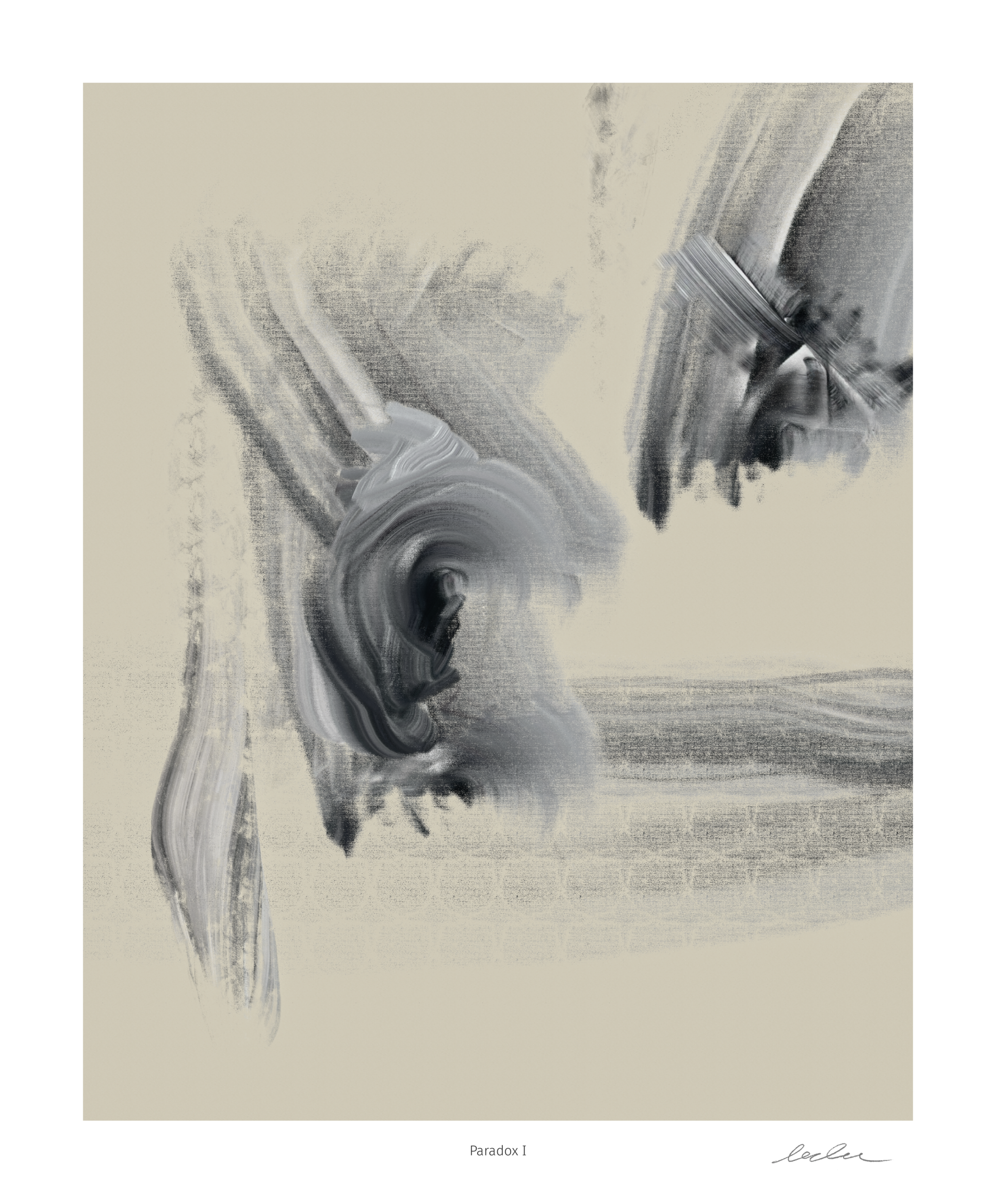 Paradox Ma I abstract digital artwork by Denis Leclerc, muted grey gestural composition exploring Ma as suspended interval, limited edition giclée print