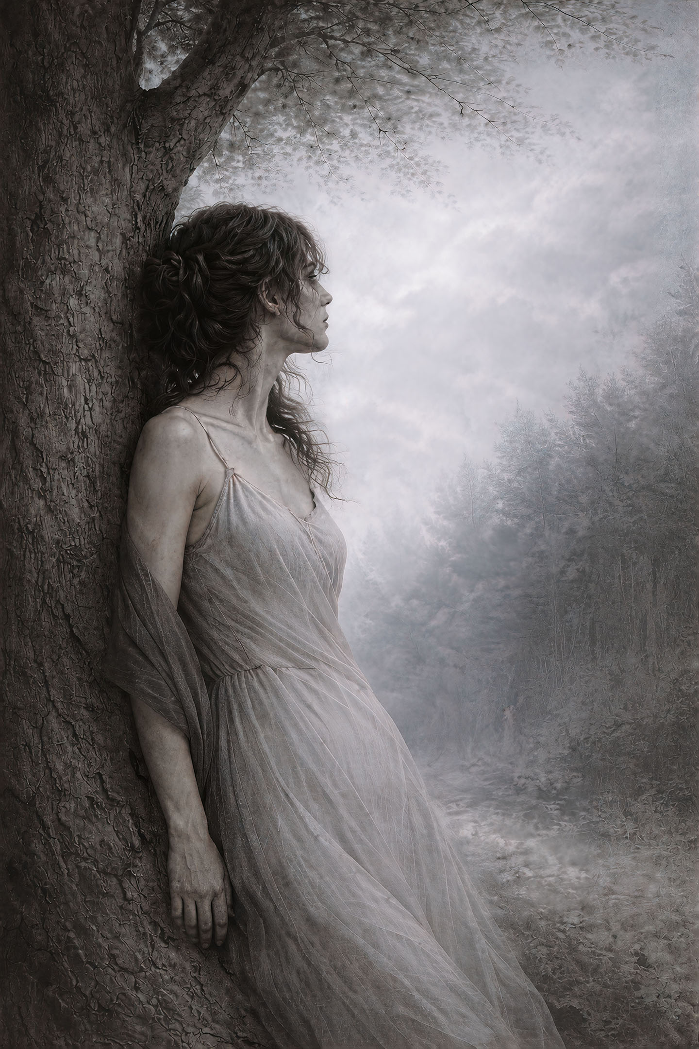 Attraction series derived from Paradox Enso I, where a seated figure at the edge of the water suggests a subtle field of relation, hidden response, and suspended desire