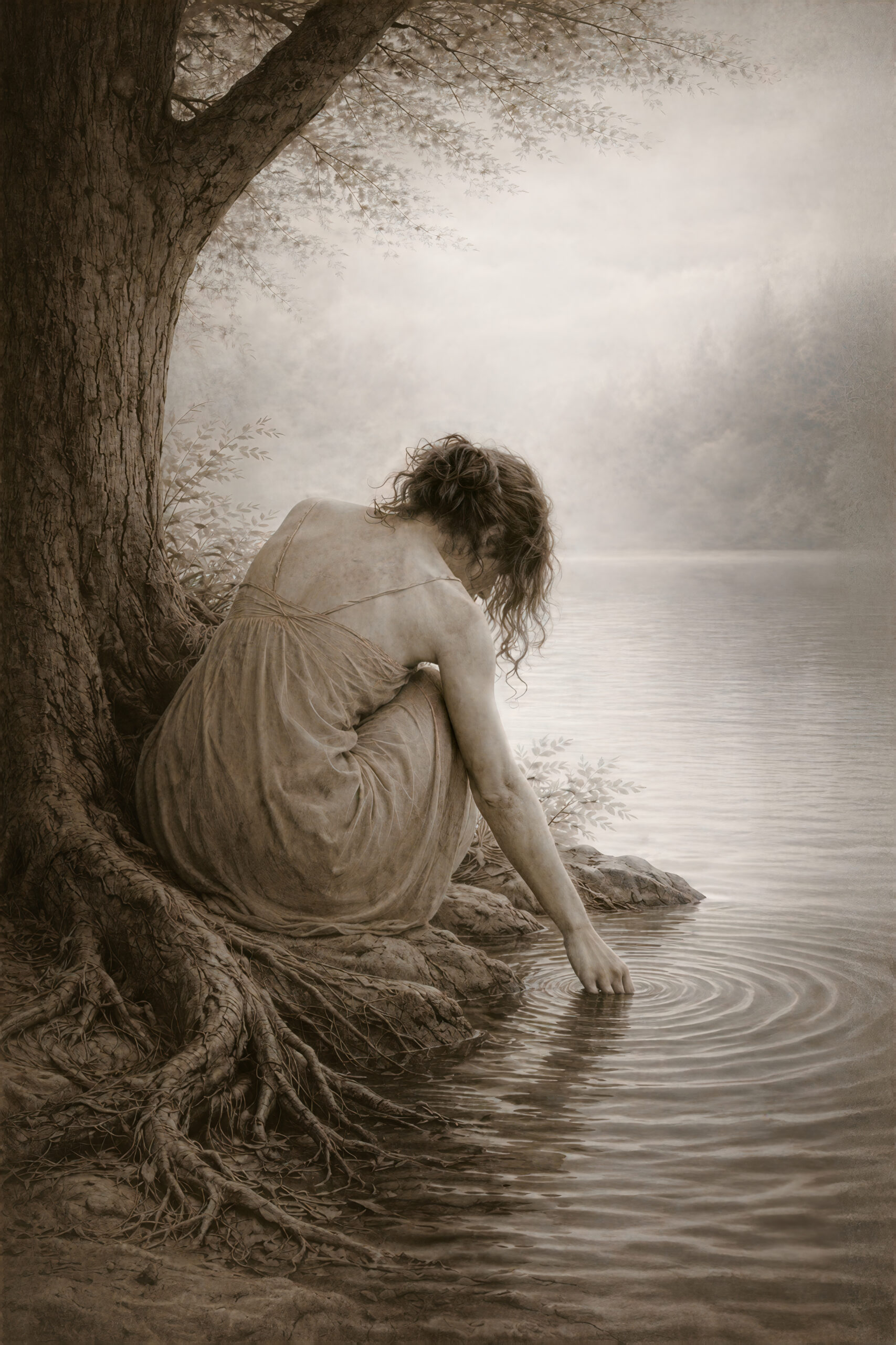 Paradox Rin I — Attraction Series, where the internal tension of the abstract work extends outward into a quiet relational scene, with a figure interacting subtly with water and atmosphere