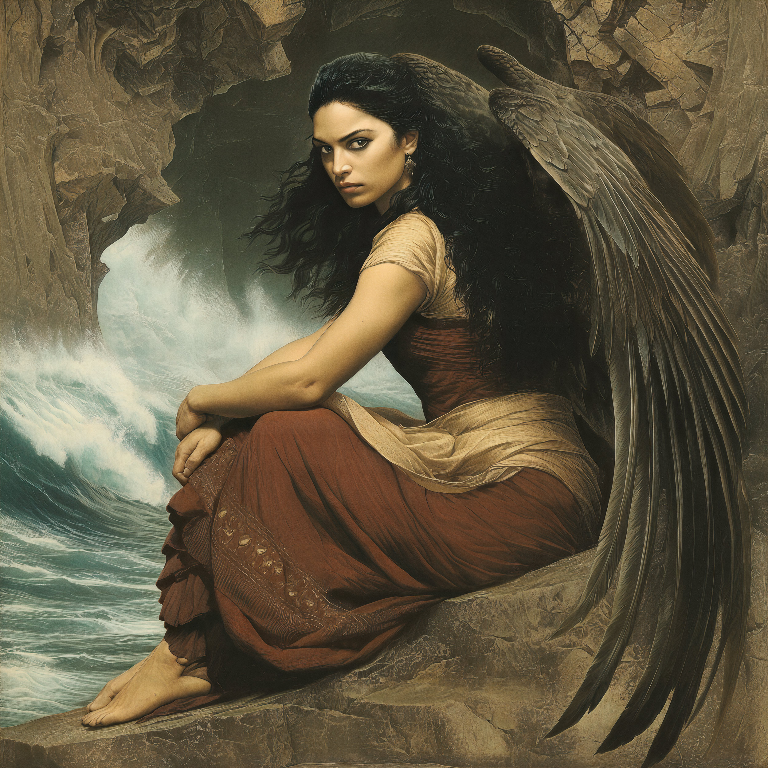 Parthenope depicted as a profane angel in the academic style, seated on coastal rock with dark wings, Mediterranean features, and a contemplative gaze