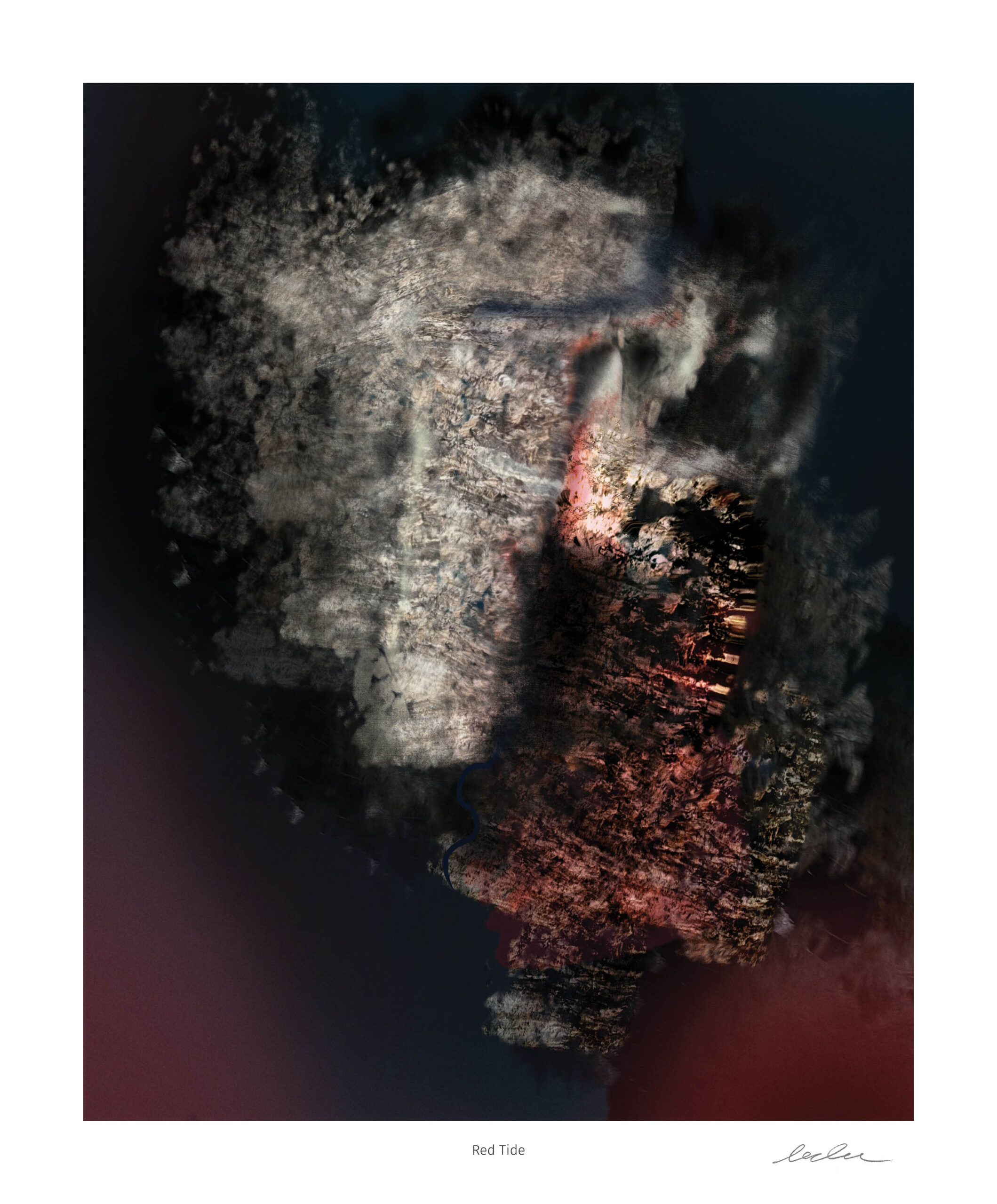 Close-up detail revealing the layered surface of Red Tide, where erosion and accumulation coexist within the composition.