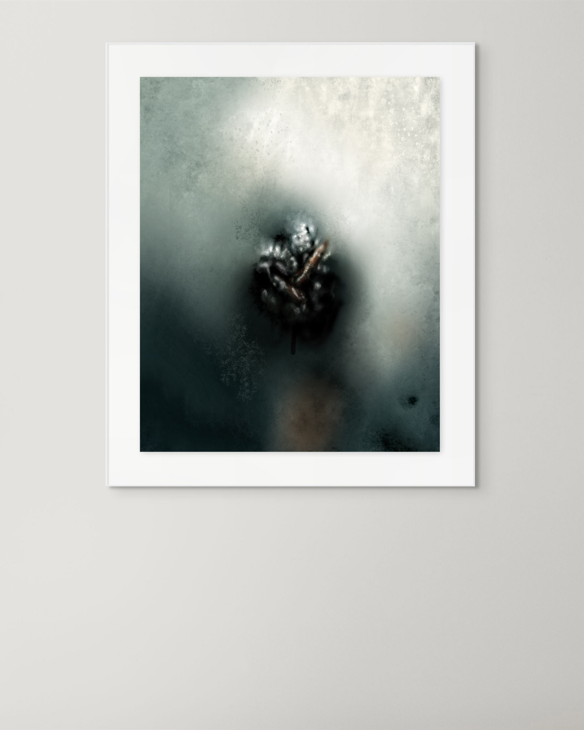 Residual Core displayed in a white frame on a neutral wall, digital artwork by Denis Leclerc