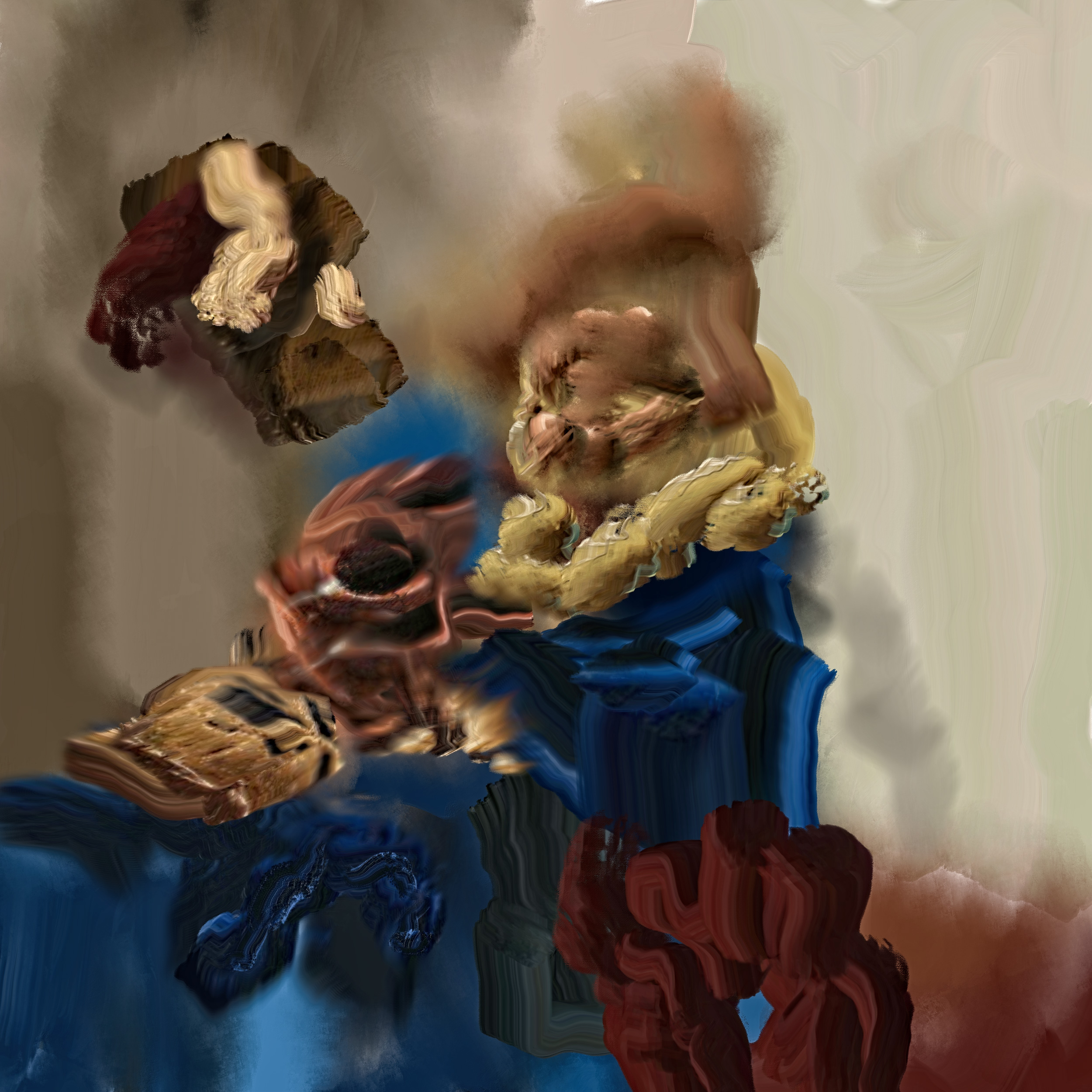 A digital abstract painting inspired by Vermeer's iconic painting "The Milkmaid". This modern interpretation explores the themes of introspection, communication, and mystery. The artwork features bold colours, dynamic shapes, and fluid brushstrokes, inviting viewers to contemplate the emotions and narratives within the painting.