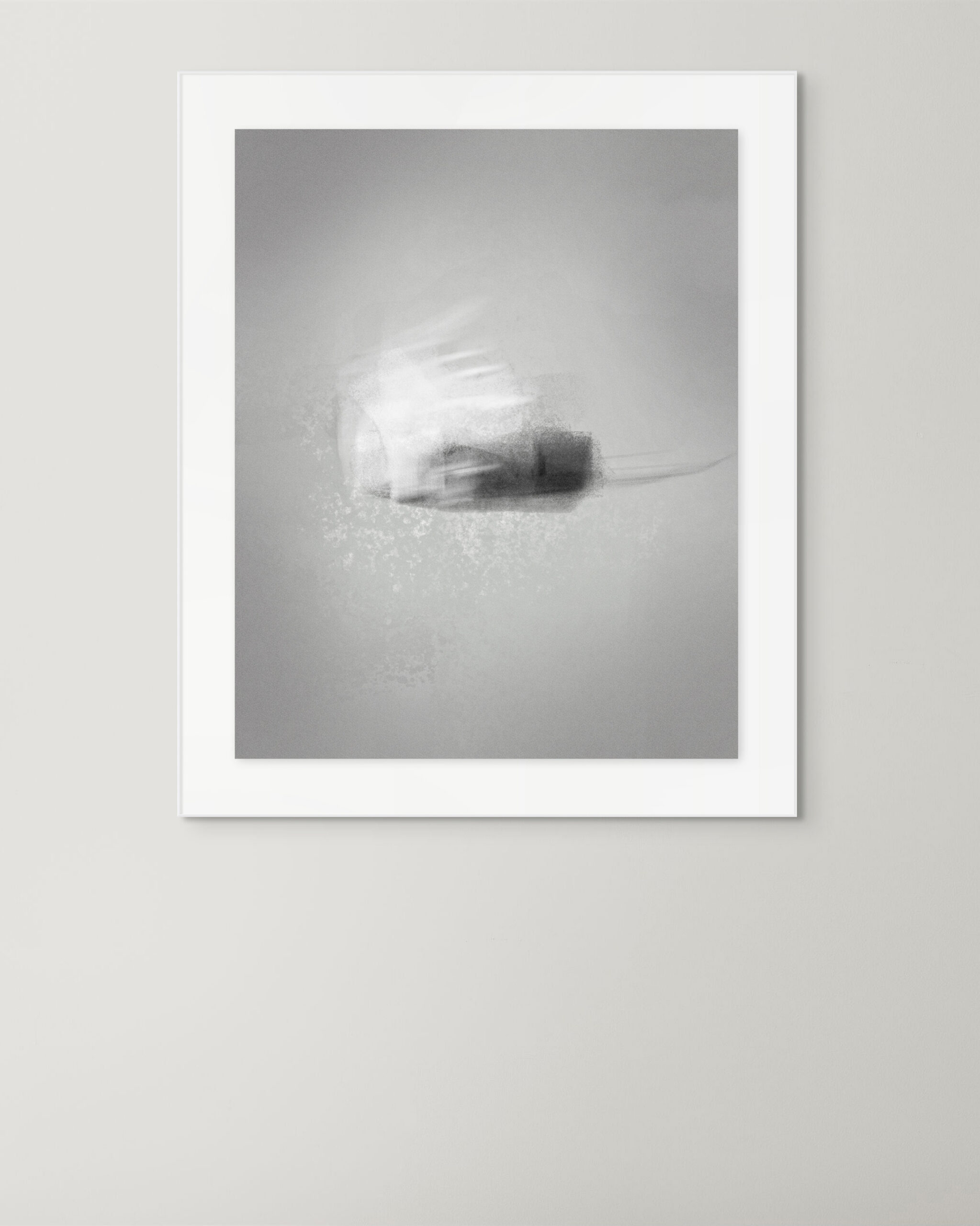 Framed print of Threshold by Denis Leclerc hanging on a neutral wall – a soft, abstract composition in grayscale tones.